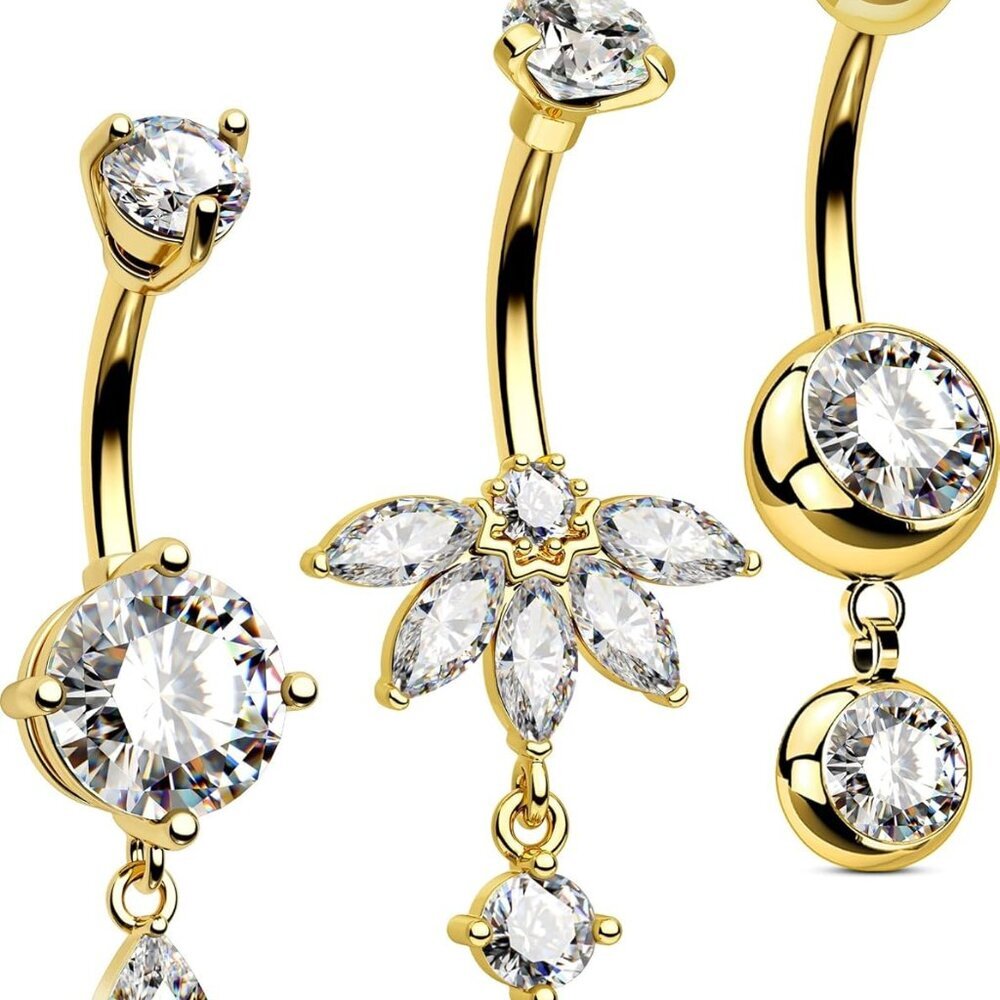 3pcs Gold Dangle Belly Button Rings Silver Steel Crystal Flower Jewelry